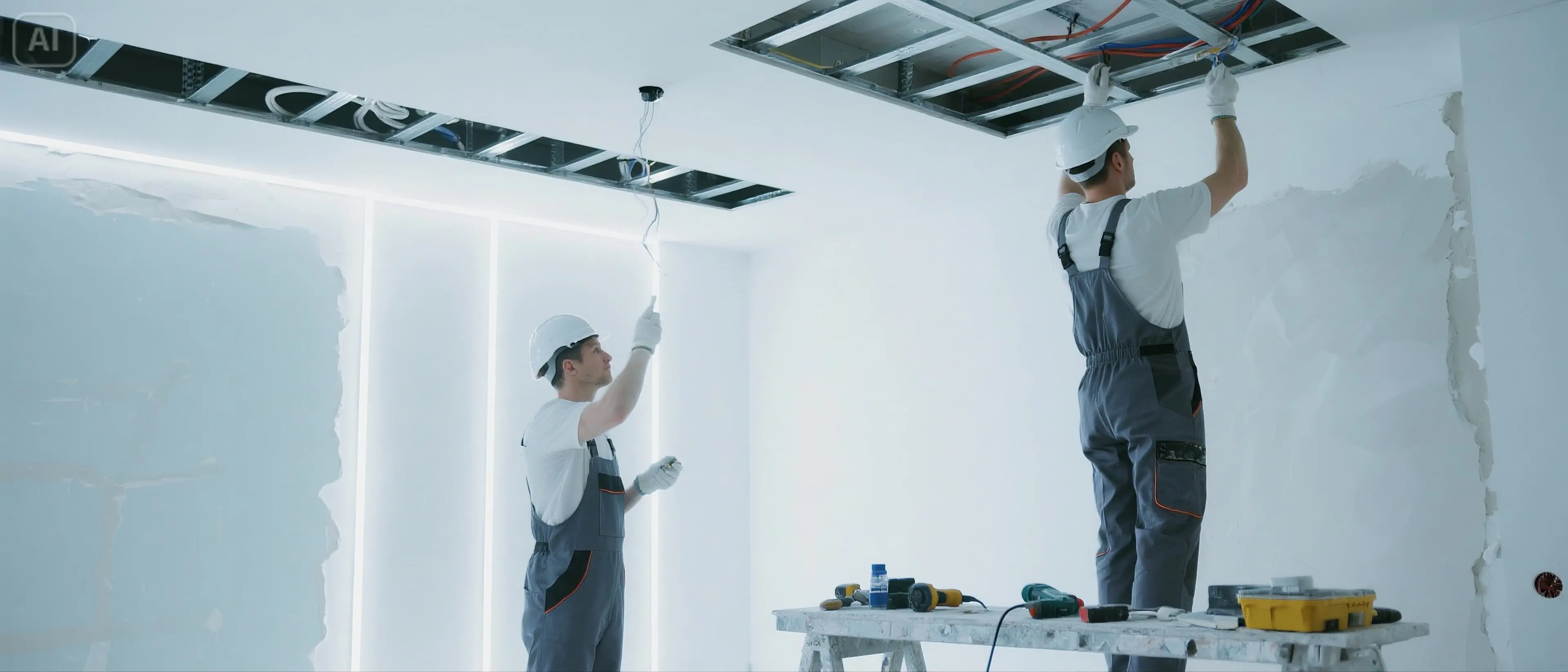 ელექტრიკოსები ჭერზე მუშაობის პროცესში